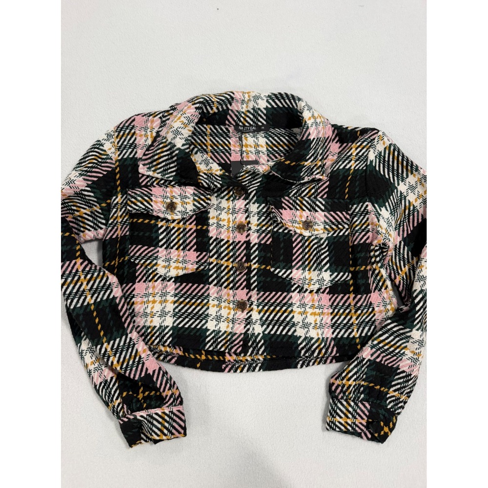 Nasty Gal Collection Pink Green Plaid Brushed Check Pocket Detail Cropped  M